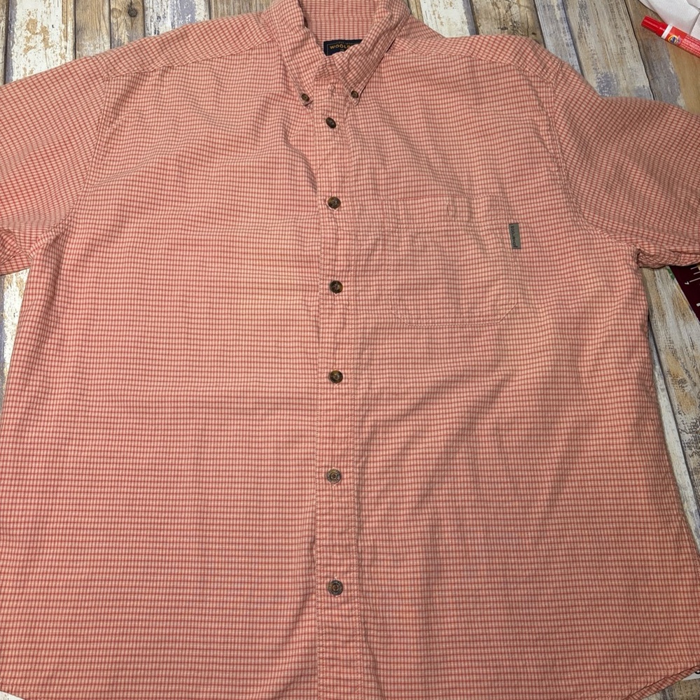 MEN WOOLRICH ORANGE PLAID LIGHT AIRY COTTON SHORT SLEEVE BUTTON UP CAMP SHIRT XL